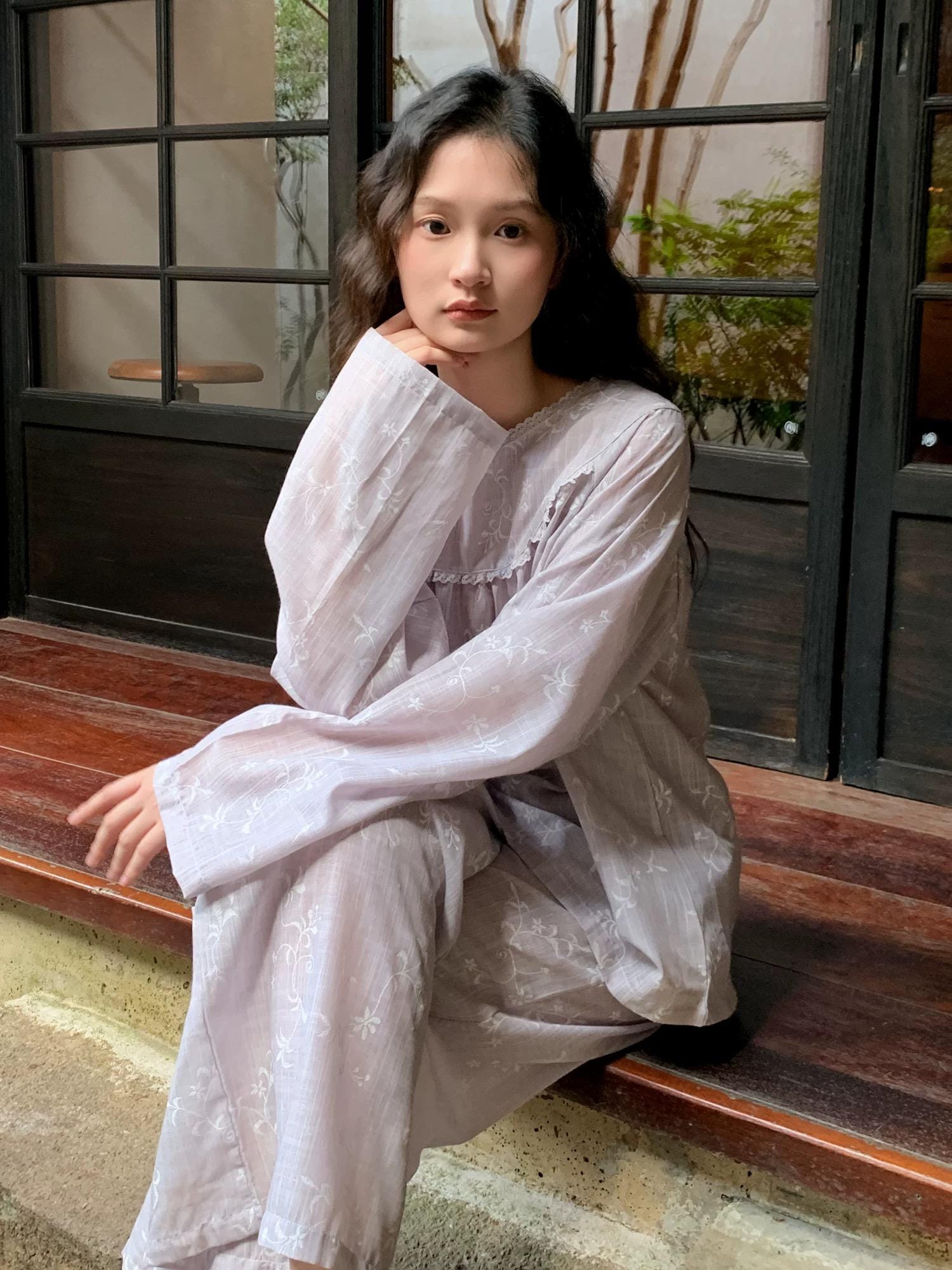 Mist Purple Gauze Cotton Pajama Set Women, Muslin Floral Sleepwear, Loose Fit Long Sleeve Lounge Set, Soft Breathable Nightwear