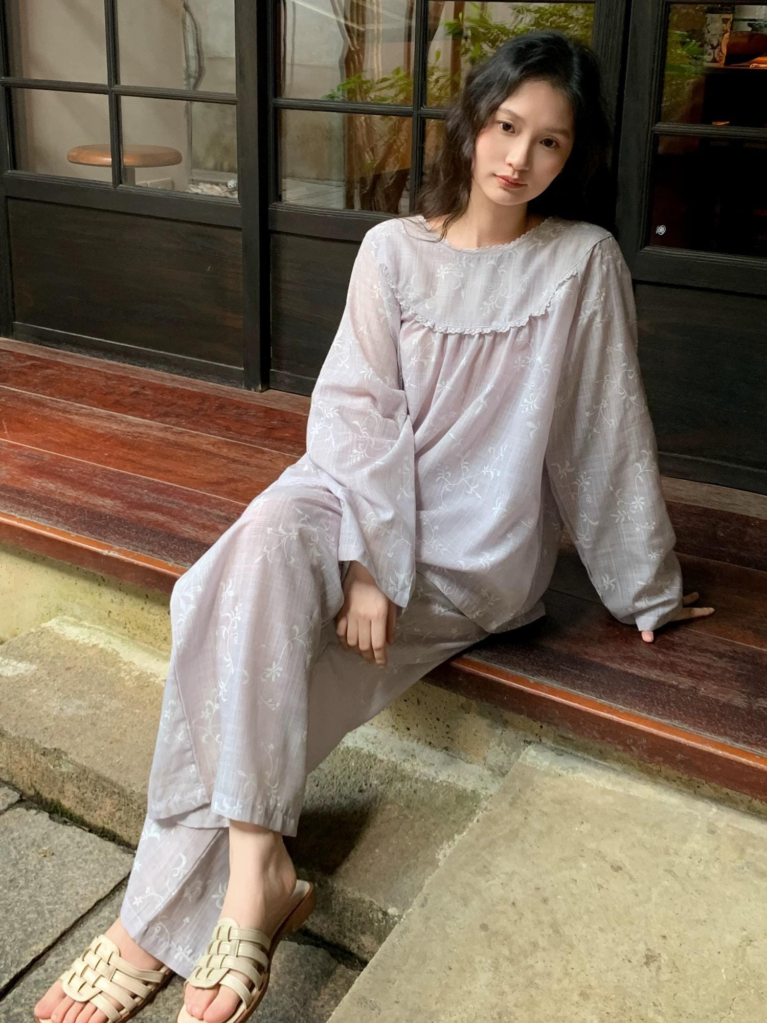 Mist Purple Gauze Cotton Pajama Set Women, Muslin Floral Sleepwear, Loose Fit Long Sleeve Lounge Set, Soft Breathable Nightwear