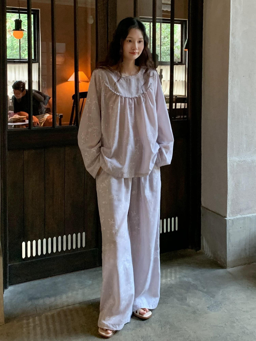 Mist Purple Gauze Cotton Pajama Set Women, Muslin Floral Sleepwear, Loose Fit Long Sleeve Lounge Set, Soft Breathable Nightwear