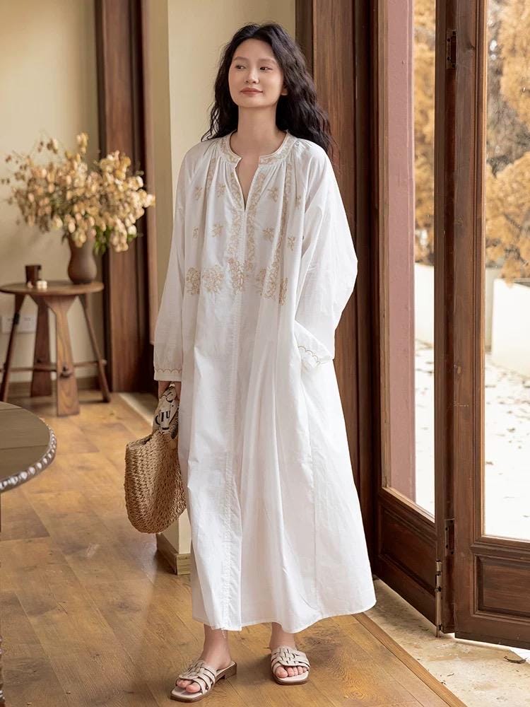 Embroidered Cotton Pajamas Set or Nightgown Dress, Slub Cotton Loungewear, Soft Breathable Loose Fit Sleepwear, Lounge to Street