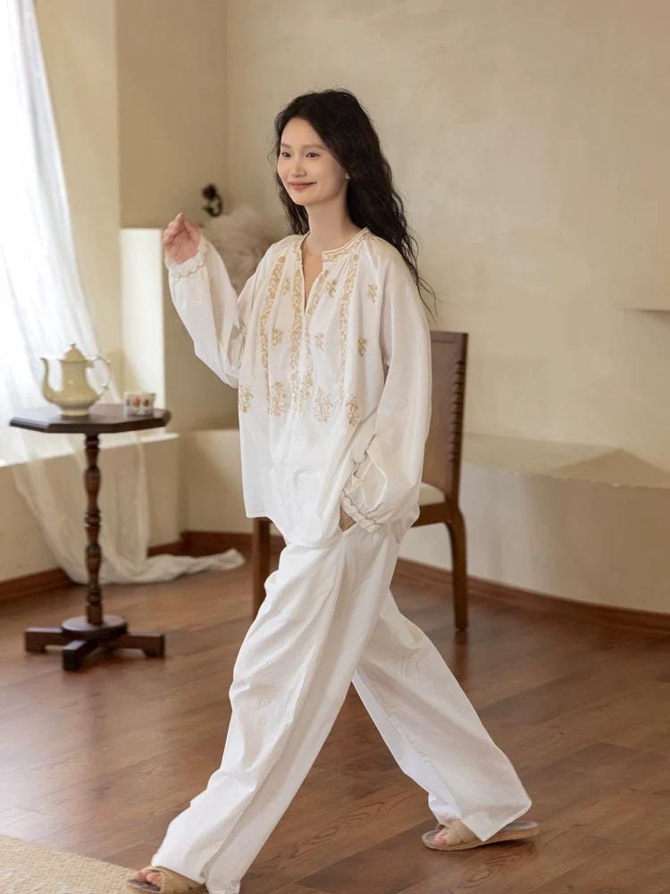 Embroidered Cotton Pajamas Set or Nightgown Dress, Slub Cotton Loungewear, Soft Breathable Loose Fit Sleepwear, Lounge to Street