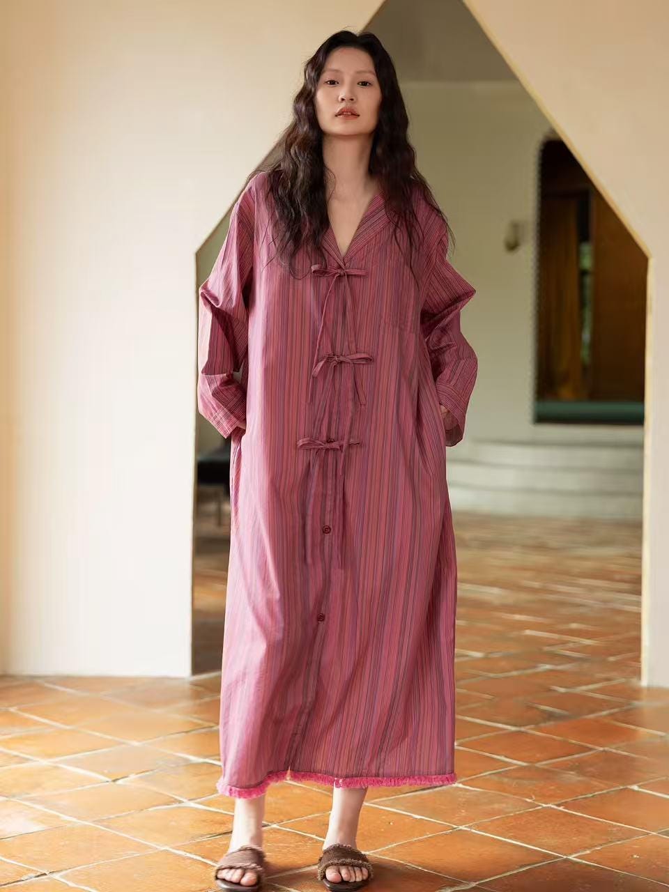 Bamboo Cotton Dressing Robe • Soft Long Loungewear• Vintage Rose Stripe Home Dress • Breathable Sleepwear with Pockets • Gift for Her