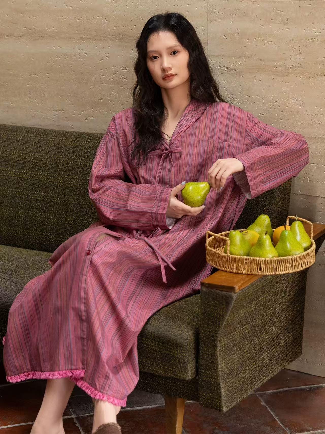 Bamboo Cotton Dressing Robe • Soft Long Loungewear• Vintage Rose Stripe Home Dress • Breathable Sleepwear with Pockets • Gift for Her