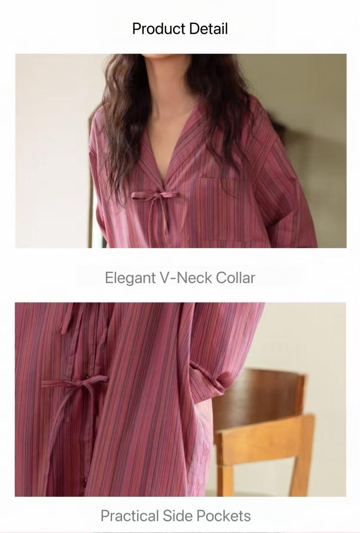 Bamboo Cotton Dressing Robe • Soft Long Loungewear• Vintage Rose Stripe Home Dress • Breathable Sleepwear with Pockets • Gift for Her