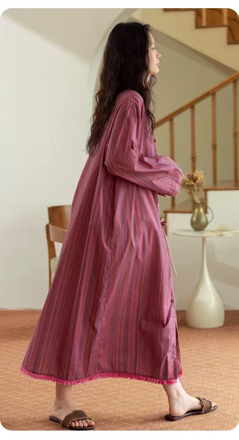 Bamboo Cotton Dressing Robe • Soft Long Loungewear• Vintage Rose Stripe Home Dress • Breathable Sleepwear with Pockets • Gift for Her