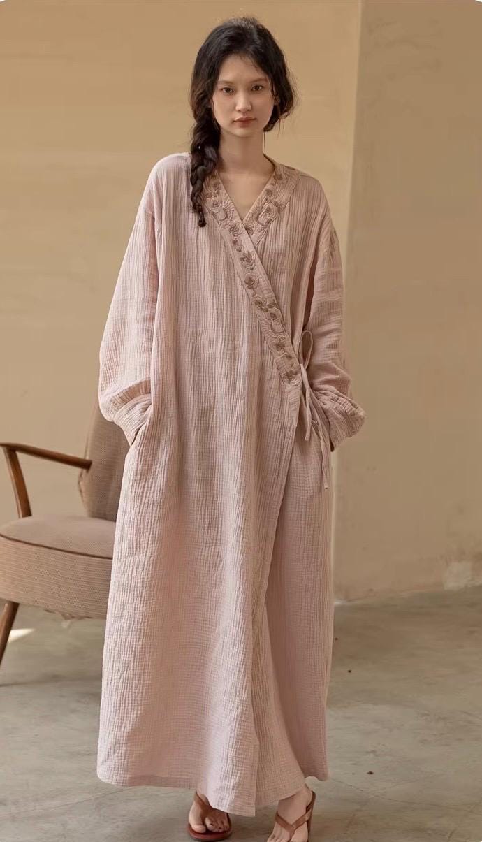 Japanese Kimono Robe, Embroidered Cotton Gauze Robe, Light Pink Long Bathrobe, Soft Loungewear, Bridal Robe Gift, Original Dressing Gown