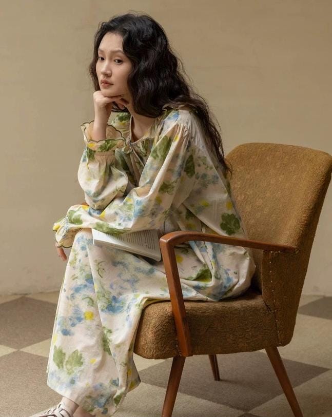 Bamboo Cotton Pajama Set | Green Tone Watercolour Floral Nightdress | Ruffle Collar Button Front | Oversized Style Loungewear