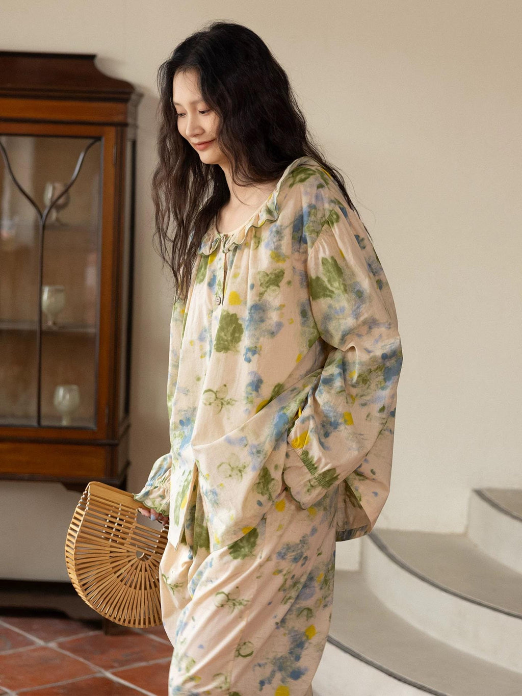 Bamboo Cotton Pajama Set | Green Tone Watercolour Floral Nightdress | Ruffle Collar Button Front | Oversized Style Loungewear