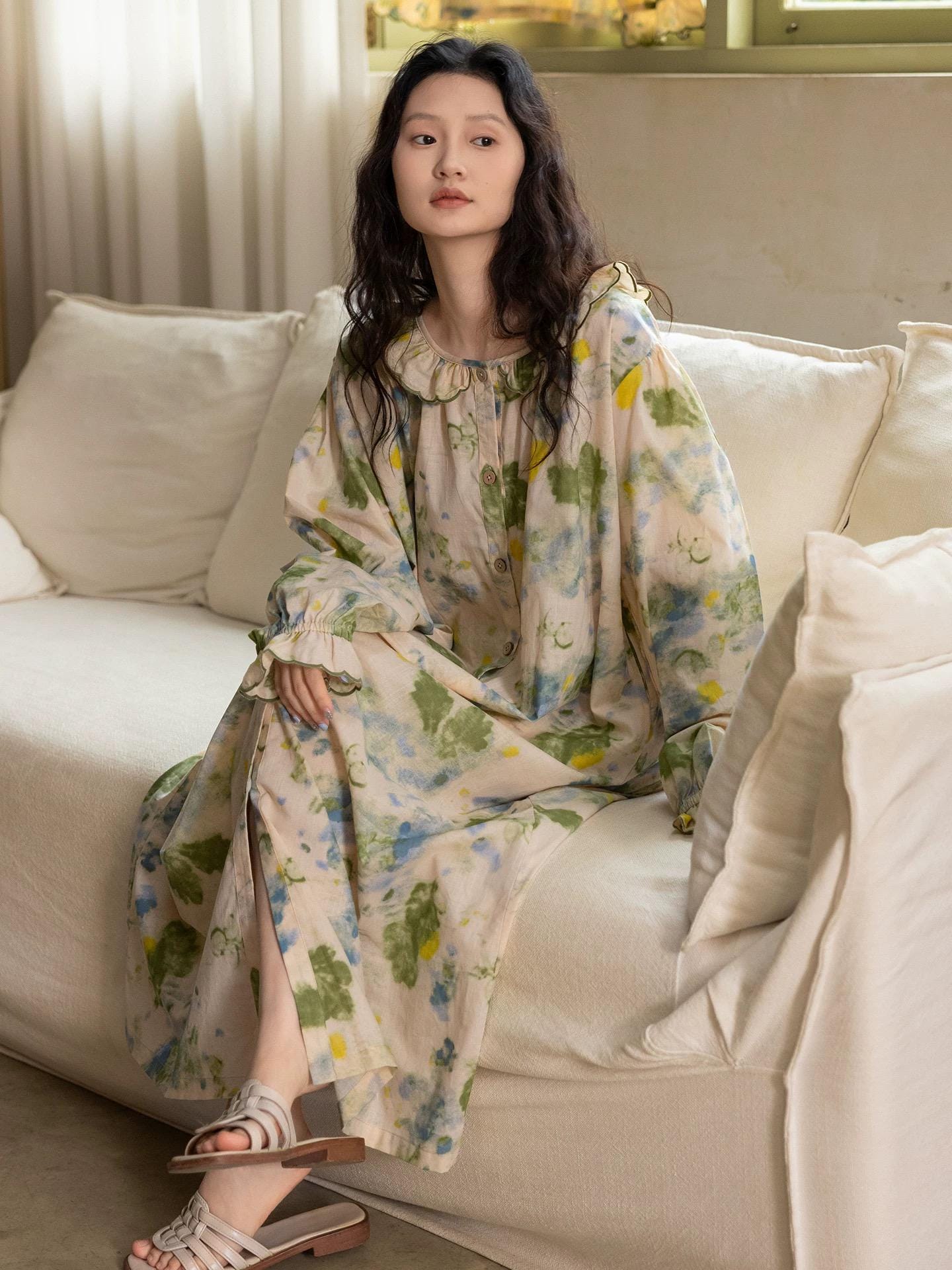 Bamboo Cotton Pajama Set | Green Tone Watercolour Floral Nightdress | Ruffle Collar Button Front | Oversized Style Loungewear