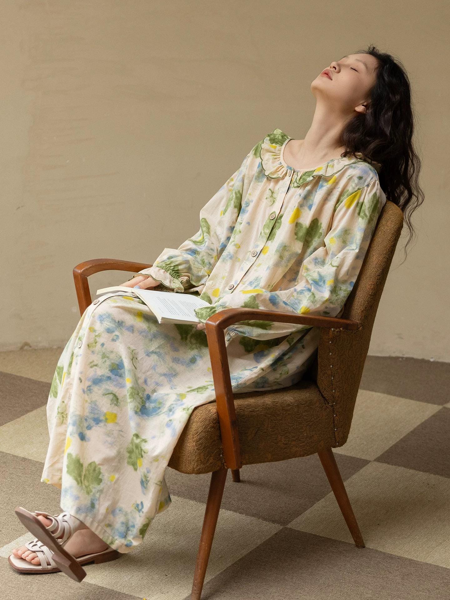 Bamboo Cotton Pajama Set | Green Tone Watercolour Floral Nightdress | Ruffle Collar Button Front | Oversized Style Loungewear