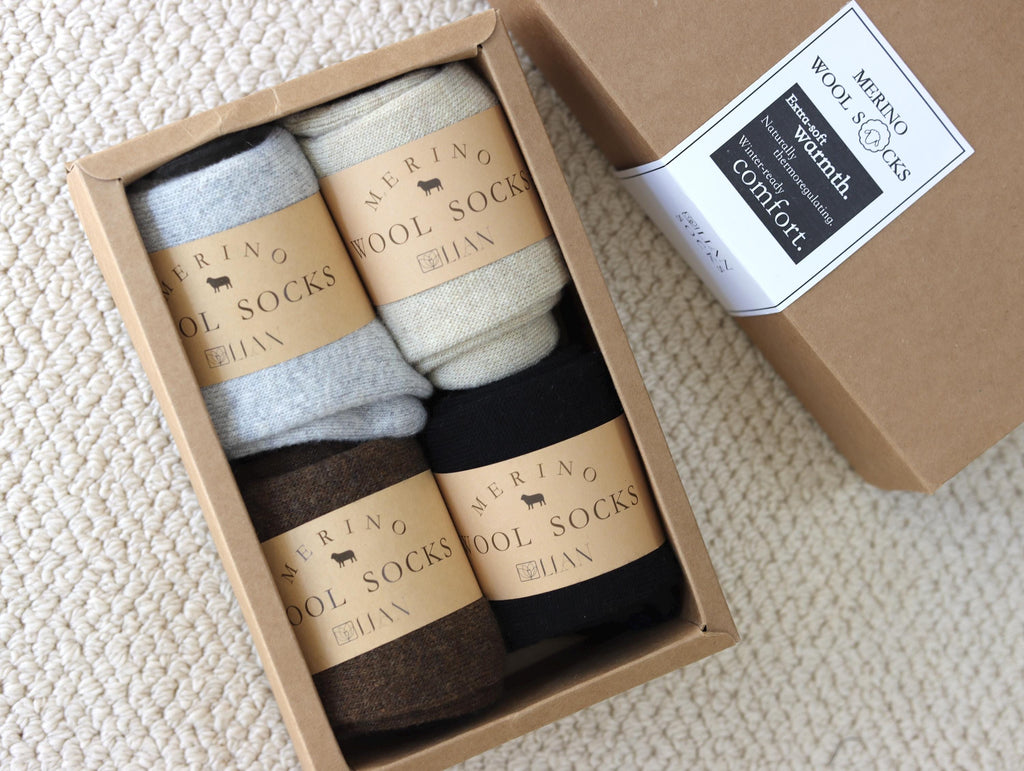 Merino Wool Socks Gift Box: Australian Wool Blend, Unisex, Set of 4 Christmas Gift Wrapped, Stocking Fillers
