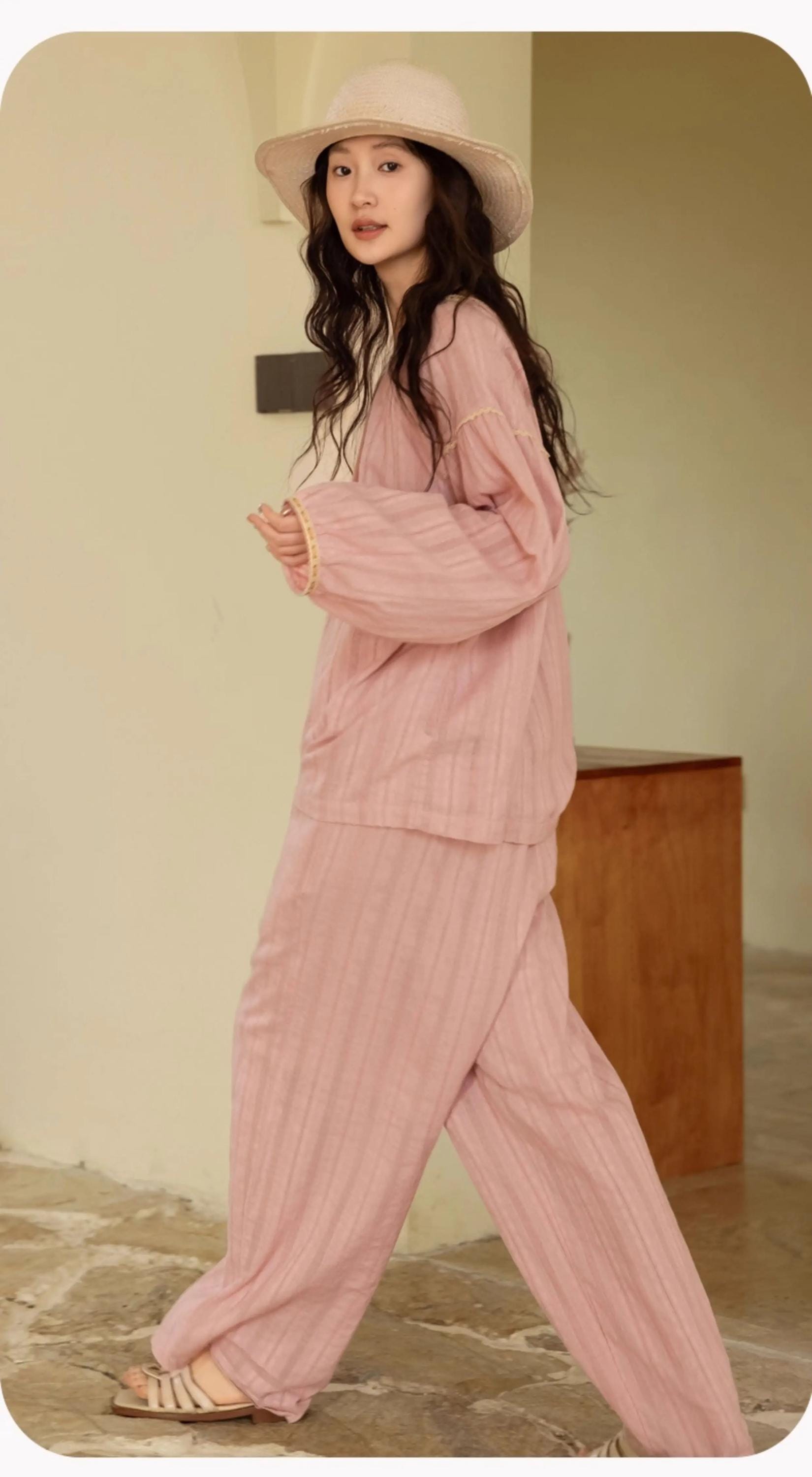 Breathable cotton gauze, muslin-feel pajama set with lining for coverage, Soft textured cotton, relaxed fit for sleep or lounging