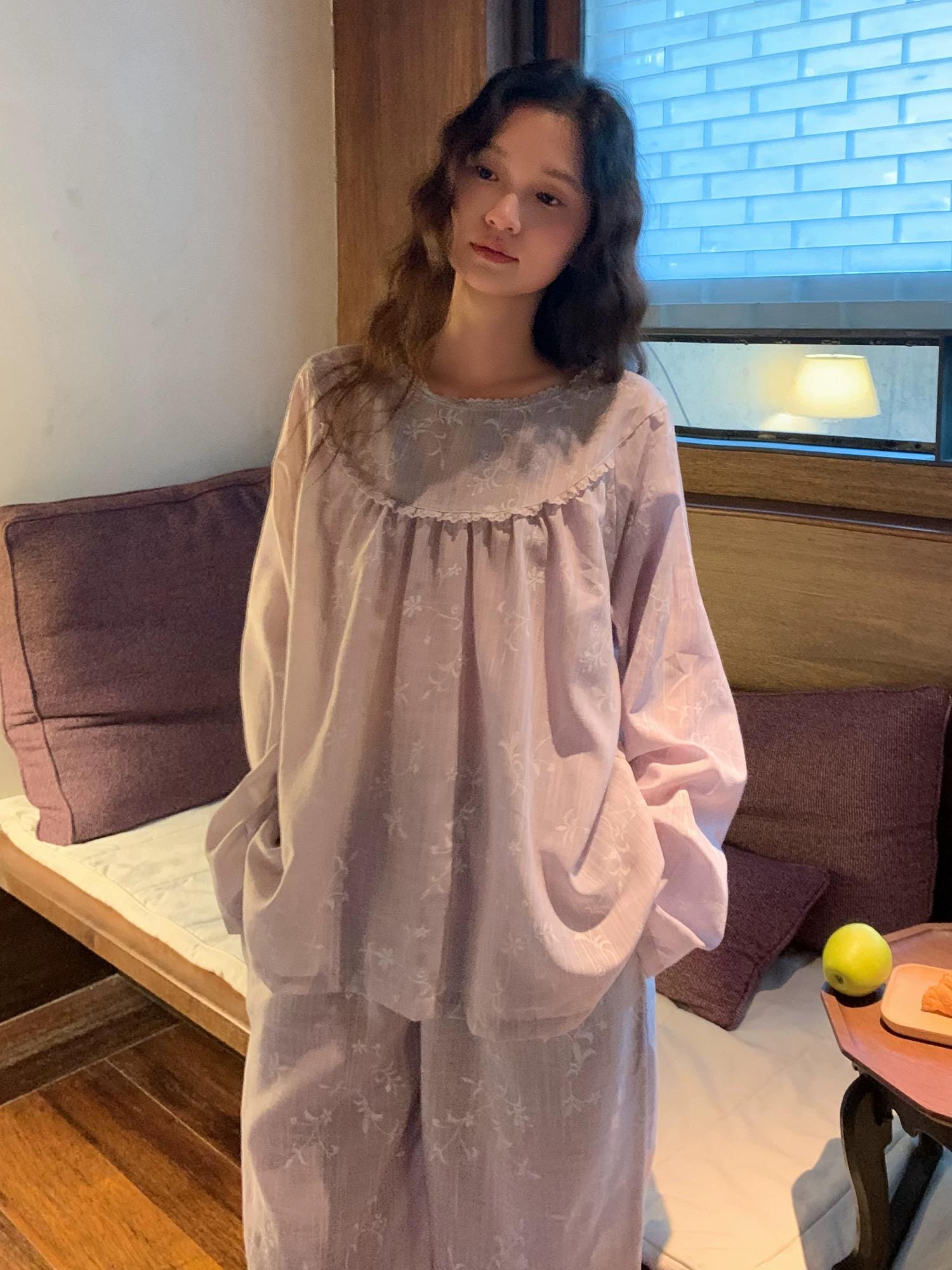 Mist Purple Gauze Cotton Pajama Set Women, Muslin Floral Sleepwear, Loose Fit Long Sleeve Lounge Set, Soft Breathable Nightwear