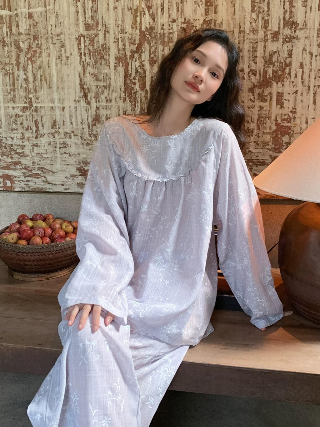 Mist Purple Gauze Cotton Pajama Set Women, Muslin Floral Sleepwear, Loose Fit Long Sleeve Lounge Set, Soft Breathable Nightwear