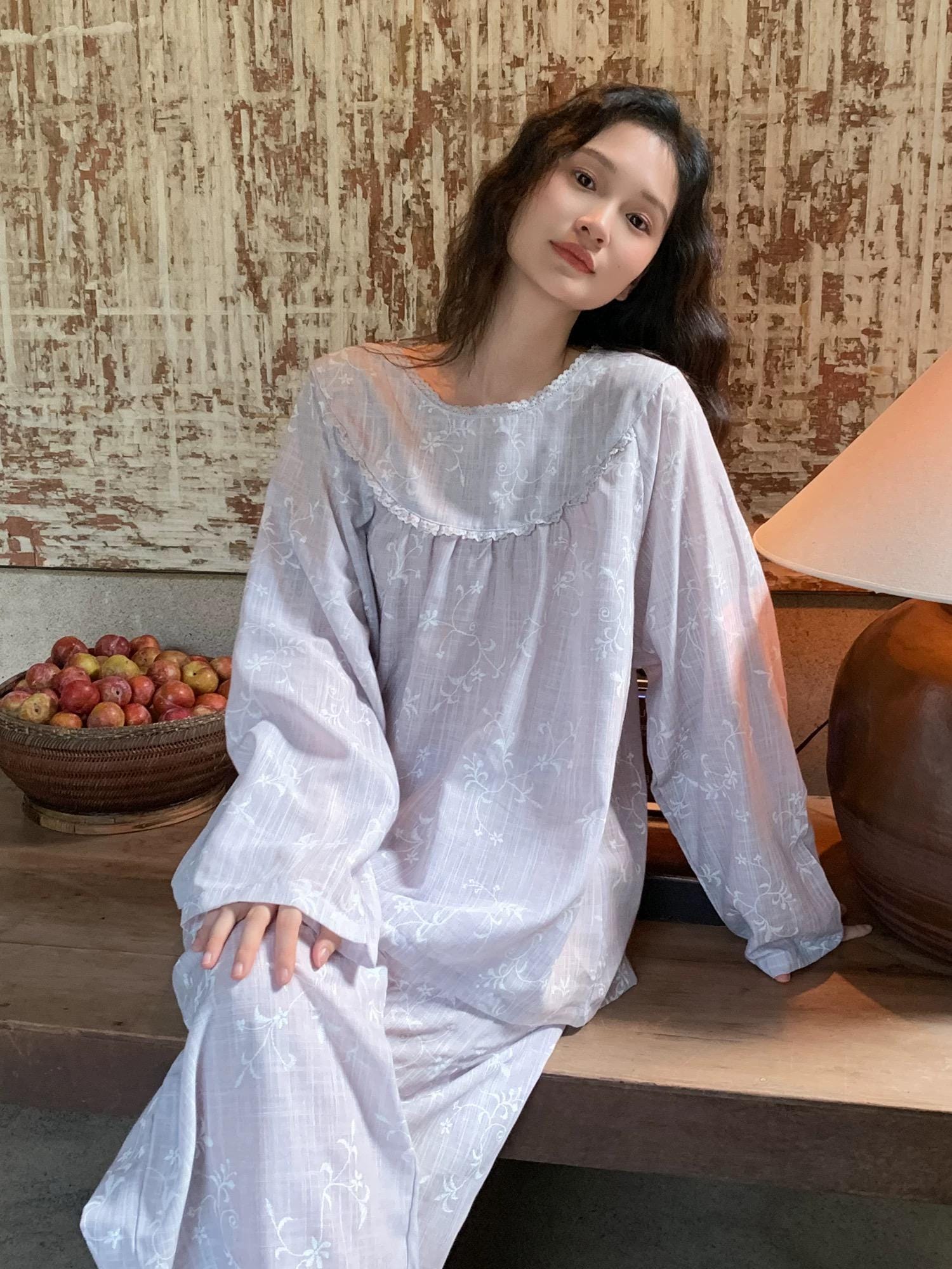 Mist Purple Gauze Cotton Pajama Set Women, Muslin Floral Sleepwear, Loose Fit Long Sleeve Lounge Set, Soft Breathable Nightwear