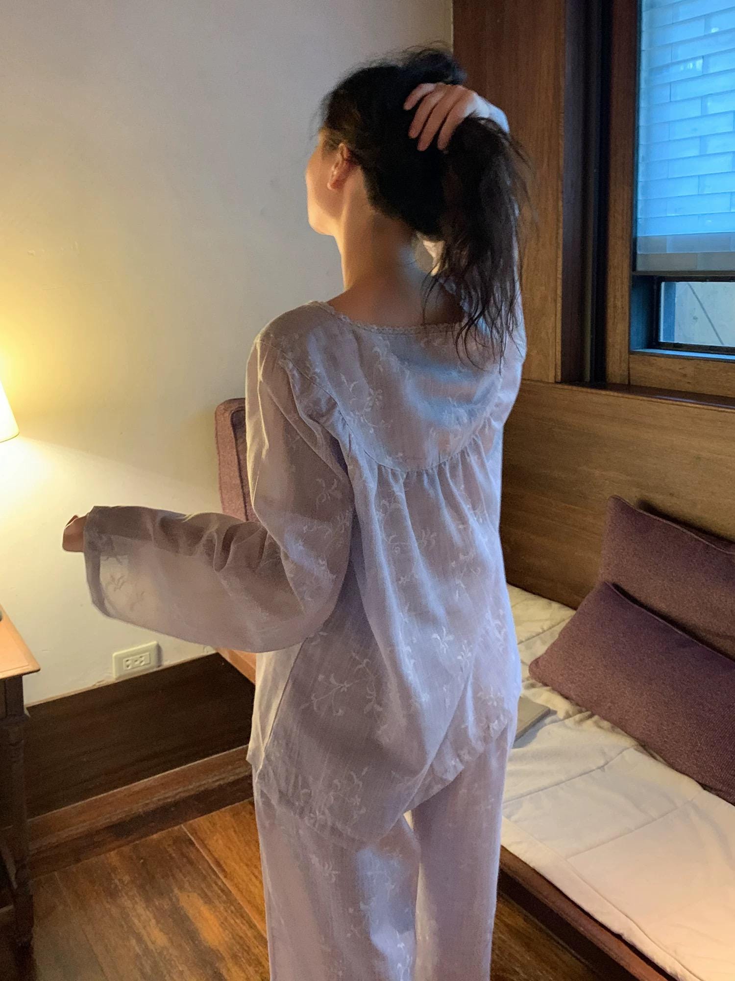 Mist Purple Gauze Cotton Pajama Set Women, Muslin Floral Sleepwear, Loose Fit Long Sleeve Lounge Set, Soft Breathable Nightwear