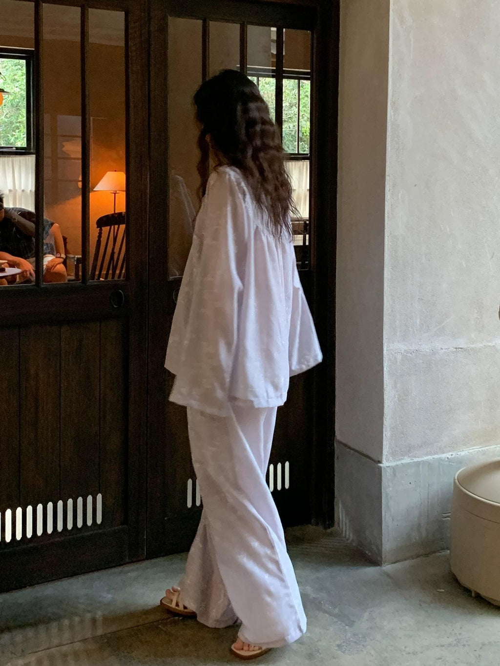 Mist Purple Gauze Cotton Pajama Set Women, Muslin Floral Sleepwear, Loose Fit Long Sleeve Lounge Set, Soft Breathable Nightwear