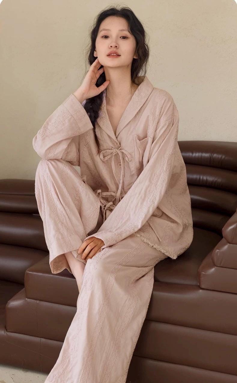 Double Layer Cotton Gauze Pajama Set, Breathable Soft Muslin Sleepwear in Blush Pink, Vintage Style Pjs