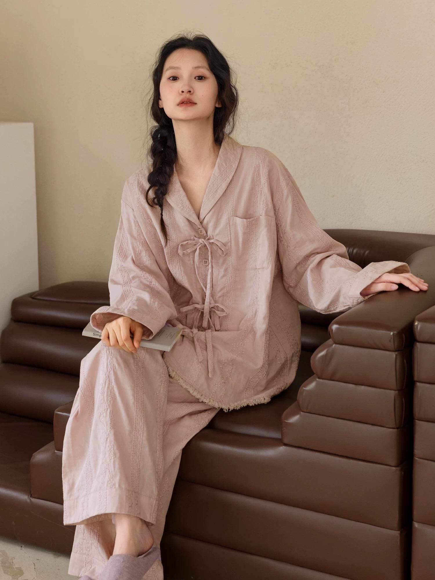 Double Layer Cotton Gauze Pajama Set, Breathable Soft Muslin Sleepwear in Blush Pink, Vintage Style Pjs