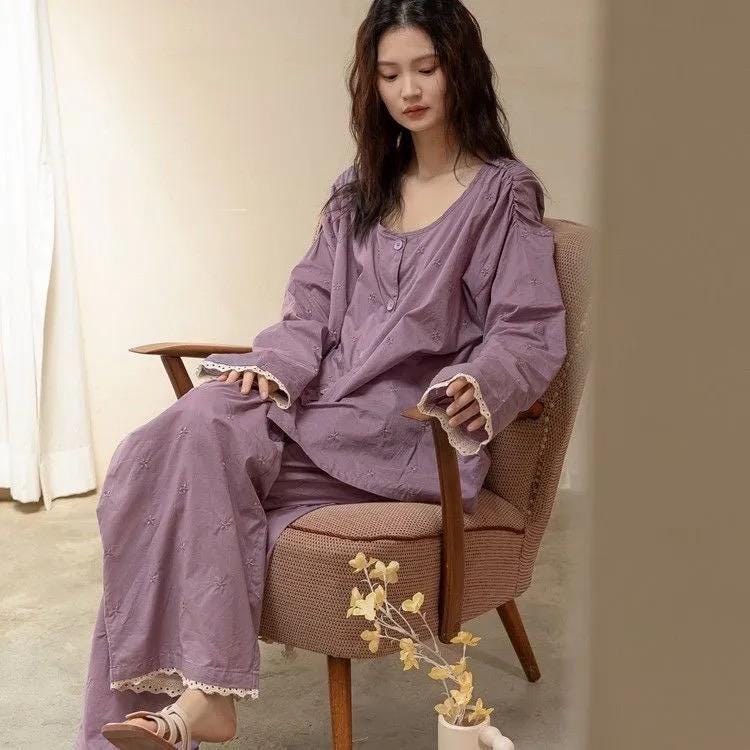Purple Slub Cotton Pajama Set, 100% Cotton Loungewear, Embroidered Pyjamas with Lace Trim, Soft Breathable Homewear, Vintage Style Sleep Set