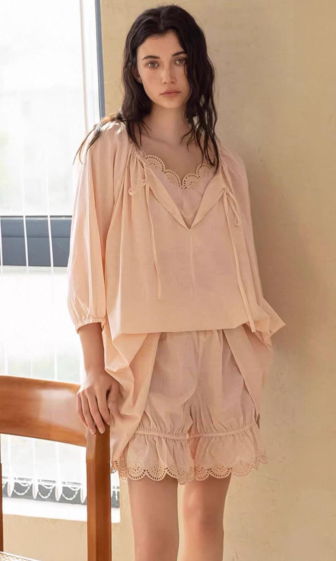 Bamboo Cotton Pajama Set – Soft Lace Lounge Sleepwear, Long & Short Pants Options