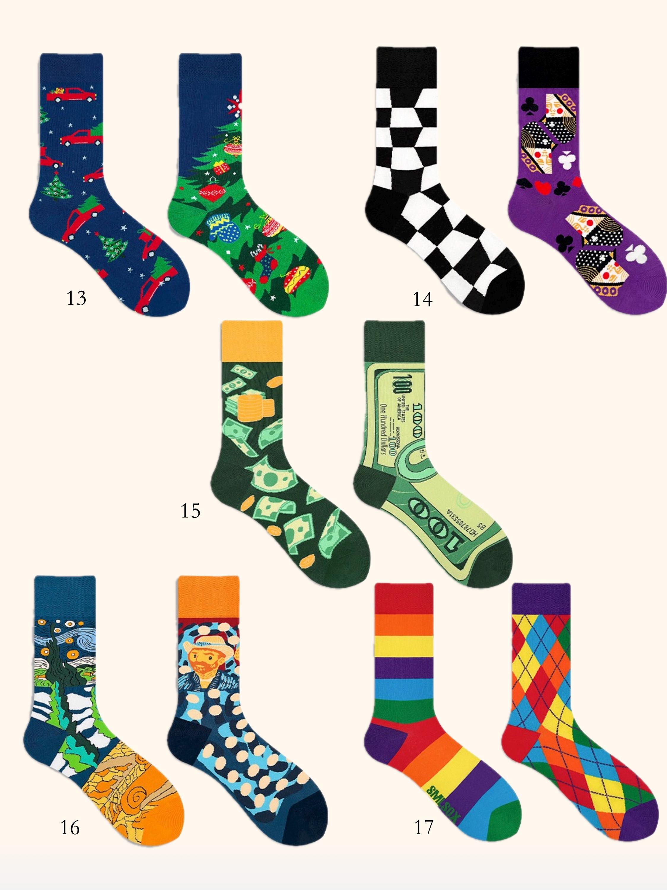 AB Novelty Crew Socks, Two Designs in One Pair, Cotton Blend Funny Socks, Animal & Graphic Mismatched Socks, 1 Pair or 4 Pair Gift Box