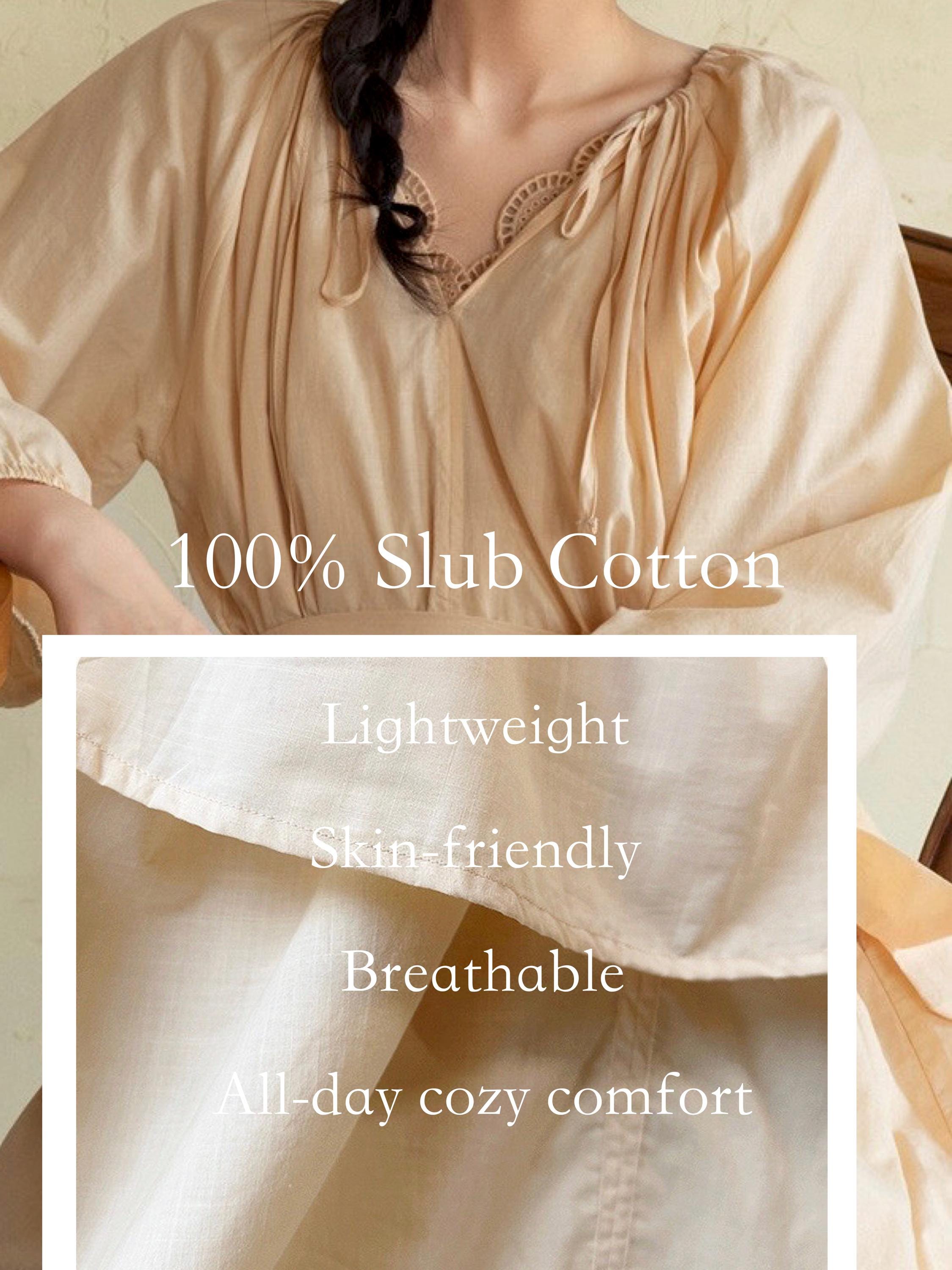 Vintage-Inspired Lace Trim French Style Lounge Dress – Natural Tone Eco-Friendly Cotton Pajamas, Soft & Breathable