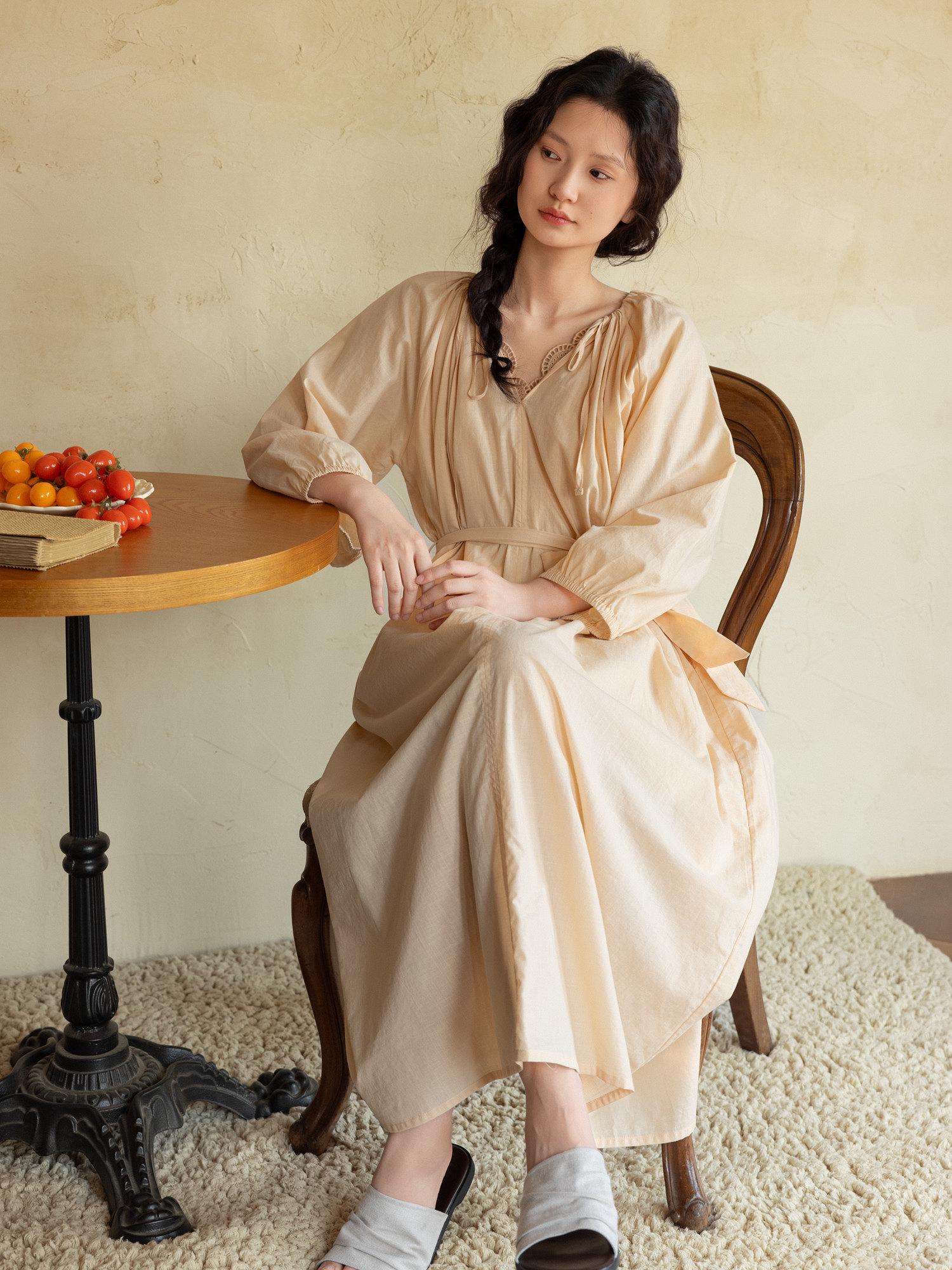 Vintage-Inspired Lace Trim French Style Lounge Dress – Natural Tone Eco-Friendly Cotton Pajamas, Soft & Breathable