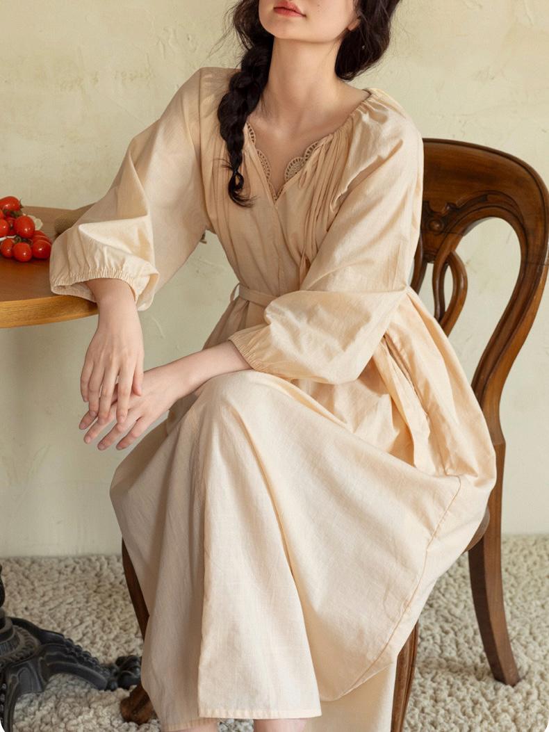 Vintage-Inspired Lace Trim French Style Lounge Dress – Natural Tone Eco-Friendly Cotton Pajamas, Soft & Breathable