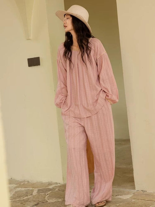 Breathable cotton gauze, muslin-feel pajama set with lining for coverage, Soft textured cotton, relaxed fit for sleep or lounging