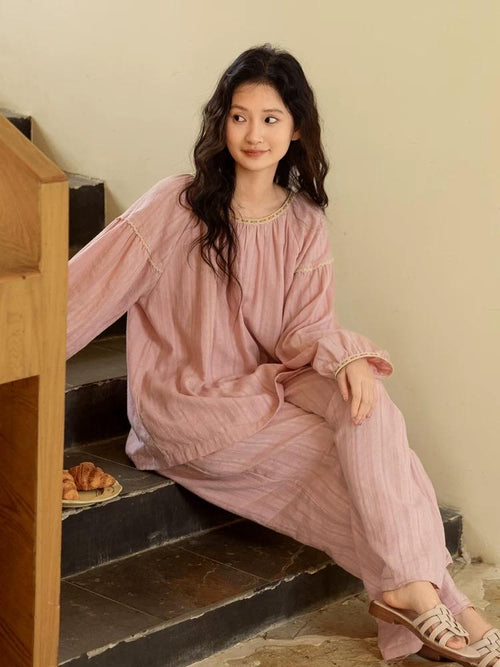 100% Cotton Jacquard Pajama Set Loungewear With Lining Soft Pink, Breathable Soft Muslin Pyjamas