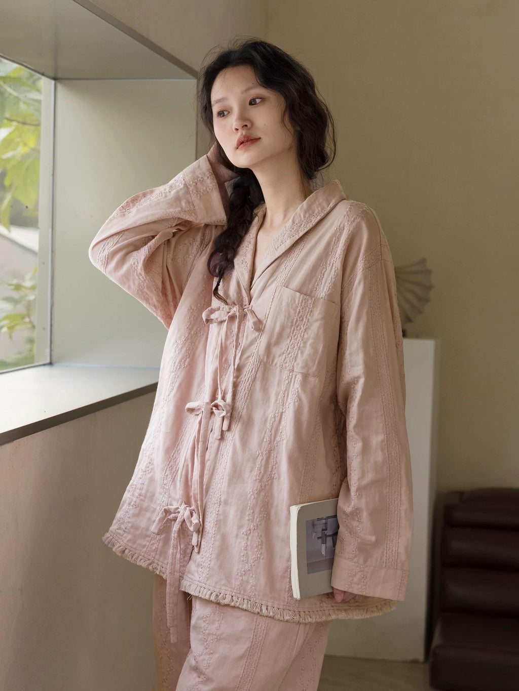 Double Layer Cotton Gauze Pajama Set, Breathable Soft Muslin Sleepwear in Blush Pink, Vintage Style Pjs