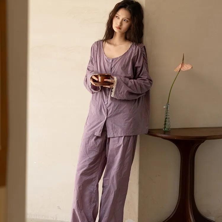 Purple Slub Cotton Pajama Set, 100% Cotton Loungewear, Embroidered Pyjamas with Lace Trim, Soft Breathable Homewear, Vintage Style Sleep Set