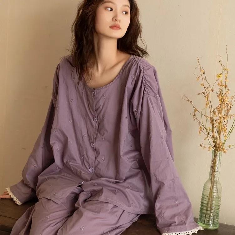 Purple Slub Cotton Pajama Set, 100% Cotton Loungewear, Embroidered Pyjamas with Lace Trim, Soft Breathable Homewear, Vintage Style Sleep Set