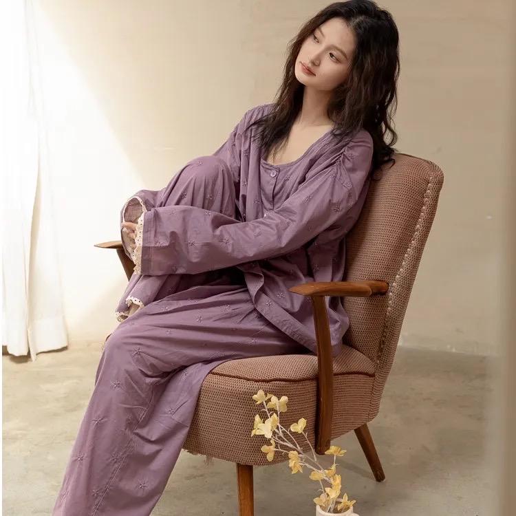 Purple Slub Cotton Pajama Set, 100% Cotton Loungewear, Embroidered Pyjamas with Lace Trim, Soft Breathable Homewear, Vintage Style Sleep Set