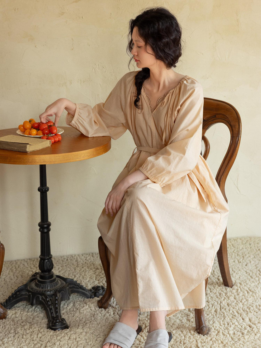 Vintage-Inspired Lace Trim French Style Lounge Dress – Natural Tone Eco-Friendly Cotton Pajamas, Soft & Breathable