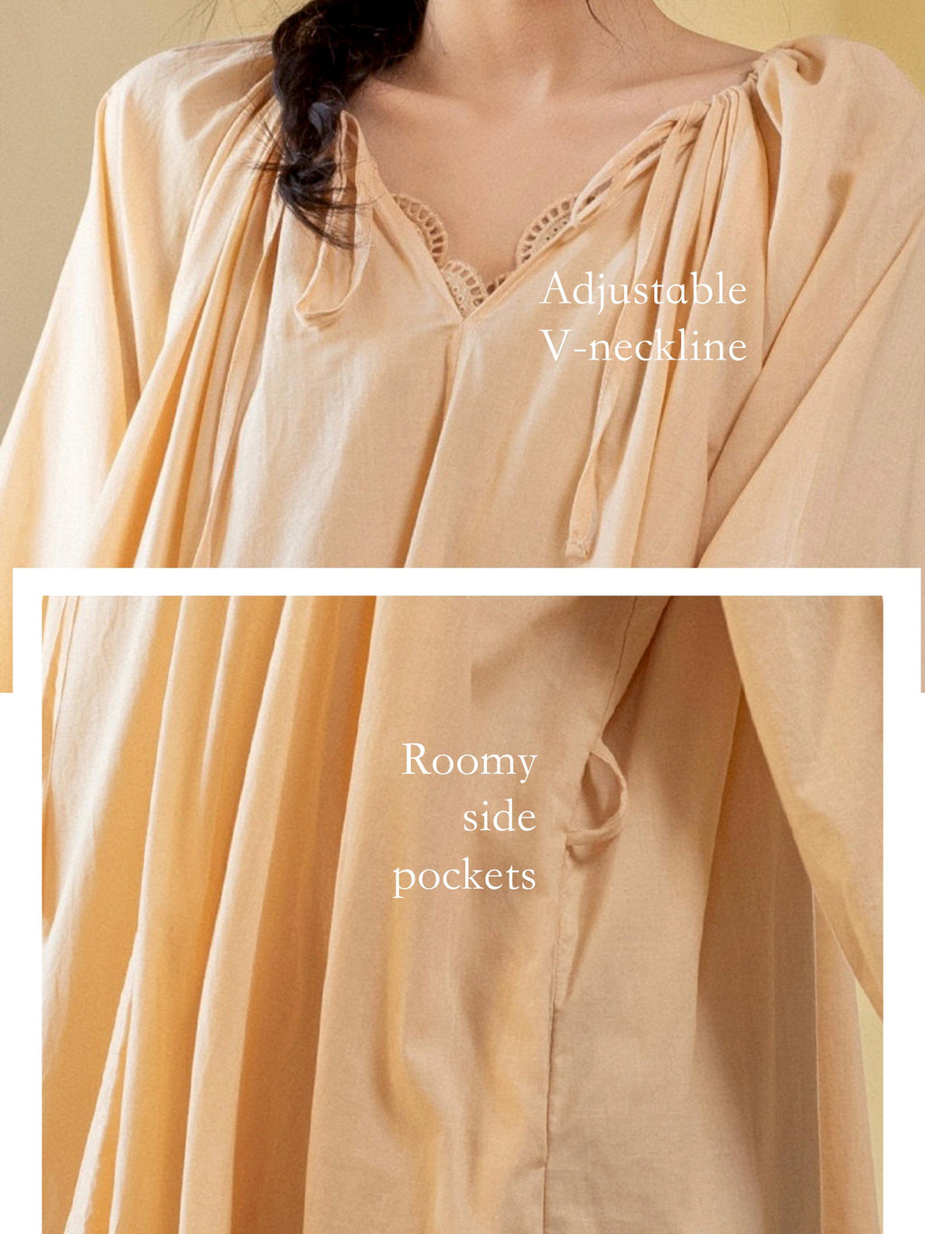 Vintage-Inspired Lace Trim French Style Lounge Dress – Natural Tone Eco-Friendly Cotton Pajamas, Soft & Breathable