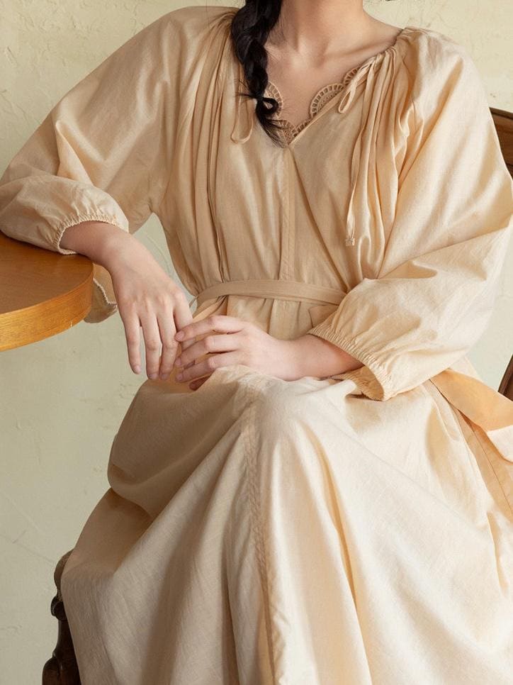 Vintage-Inspired Lace Trim French Style Lounge Dress – Natural Tone Eco-Friendly Cotton Pajamas, Soft & Breathable