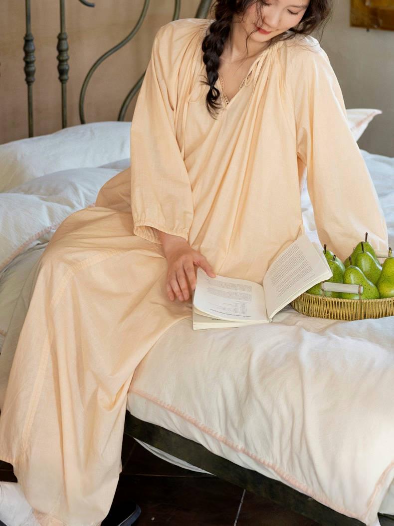 Vintage-Inspired Lace Trim French Style Lounge Dress – Natural Tone Eco-Friendly Cotton Pajamas, Soft & Breathable