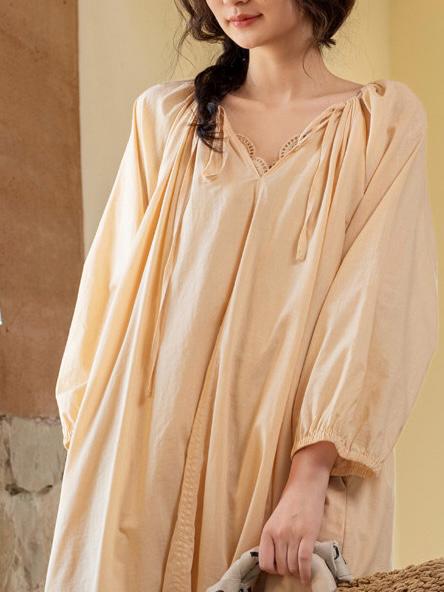 Vintage-Inspired Lace Trim French Style Lounge Dress – Natural Tone Eco-Friendly Cotton Pajamas, Soft & Breathable