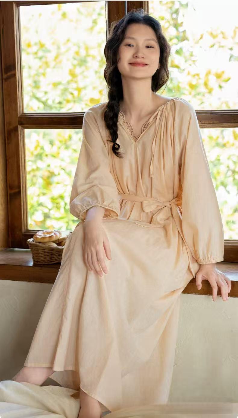 Vintage-Inspired Lace Trim French Style Lounge Dress – Natural Tone Eco-Friendly Cotton Pajamas, Soft & Breathable