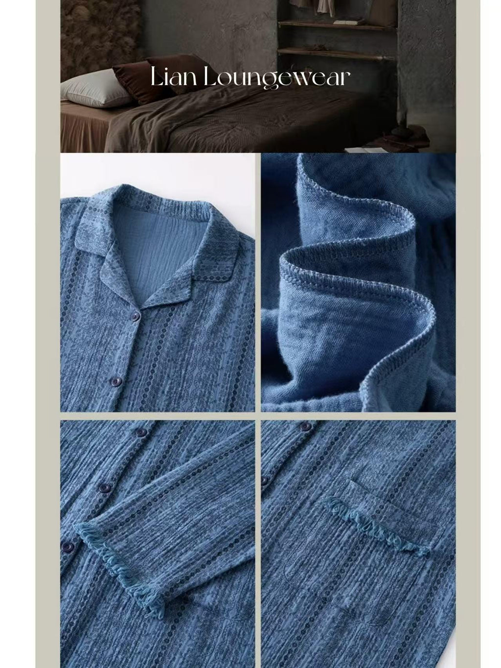 Gauze Cotton Lounge Dress – Crinkle Cotton Nightgown, Loose Fit Long Sleeve House Dress, Breathable Zen Homewear