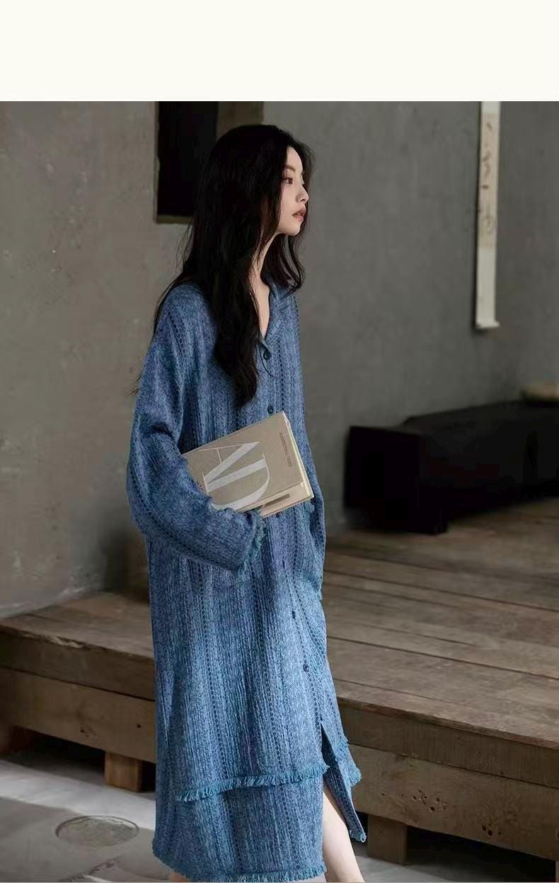 Gauze Cotton Lounge Dress – Crinkle Cotton Nightgown, Loose Fit Long Sleeve House Dress, Breathable Zen Homewear