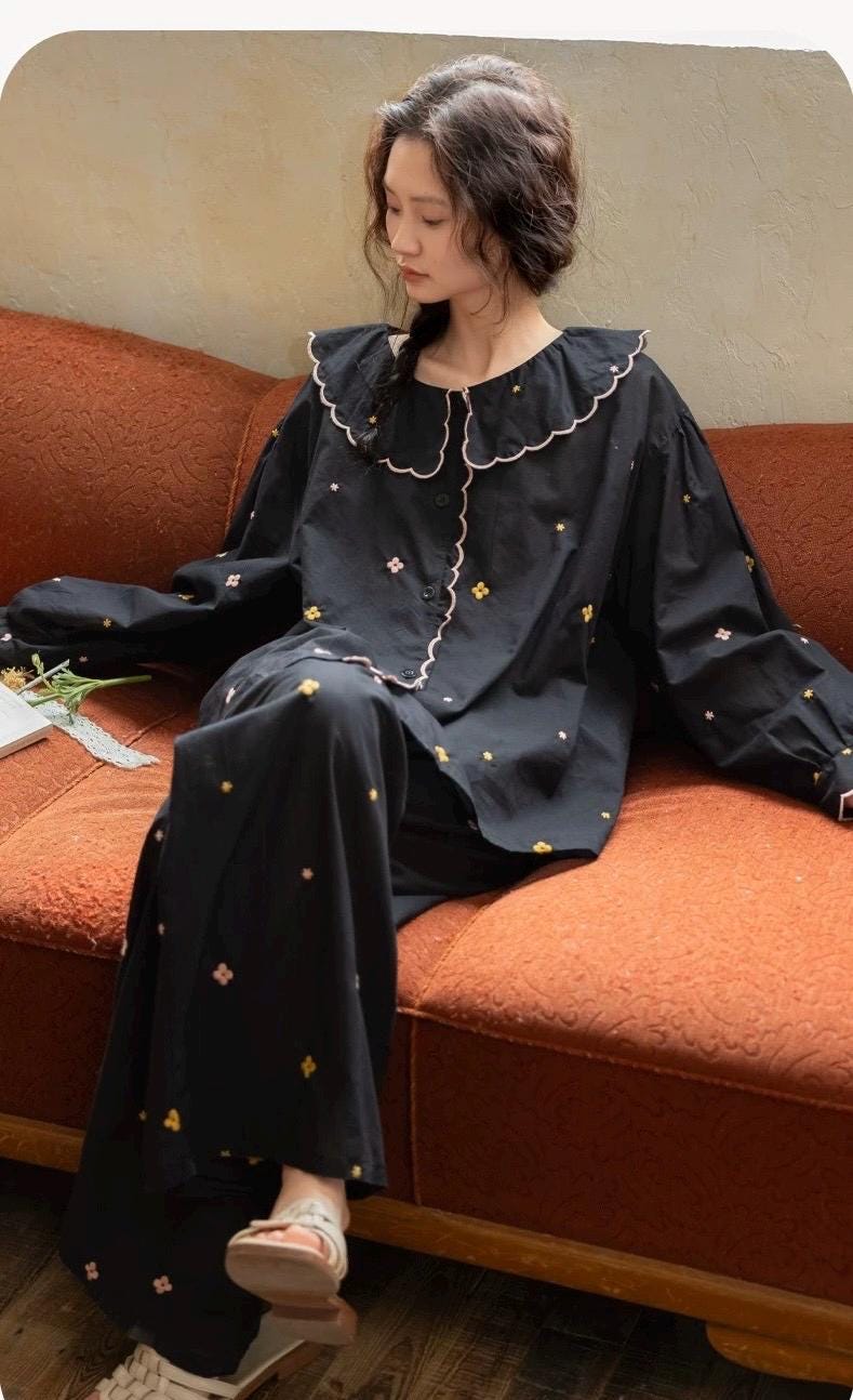 Bamboo Cotton Pajama Set — Vintage Floral Embroidered Lounge Set, Scalloped Peter Pan Collar