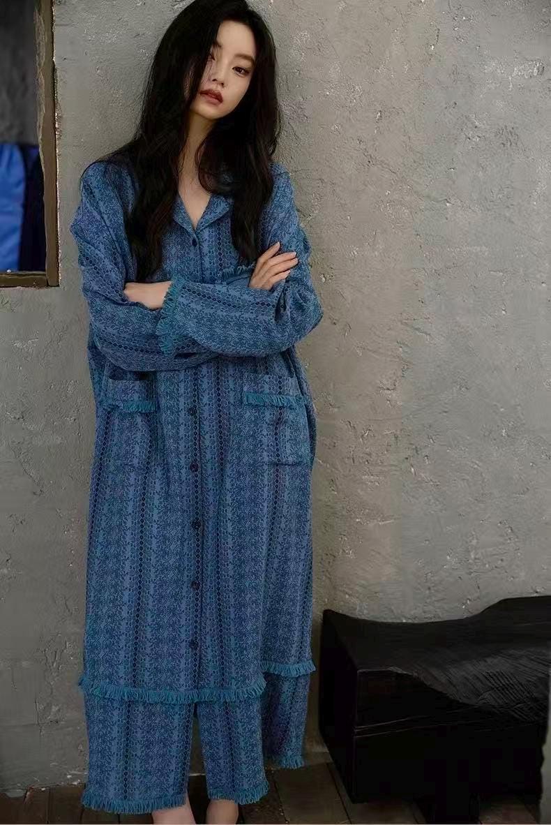 Gauze Cotton Lounge Dress – Crinkle Cotton Nightgown, Loose Fit Long Sleeve House Dress, Breathable Zen Homewear