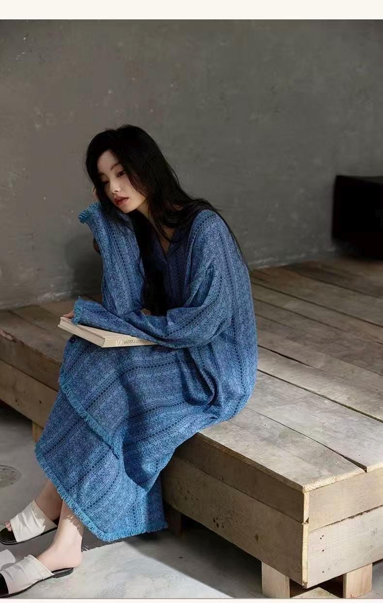 Gauze Cotton Lounge Dress – Crinkle Cotton Nightgown, Loose Fit Long Sleeve House Dress, Breathable Zen Homewear