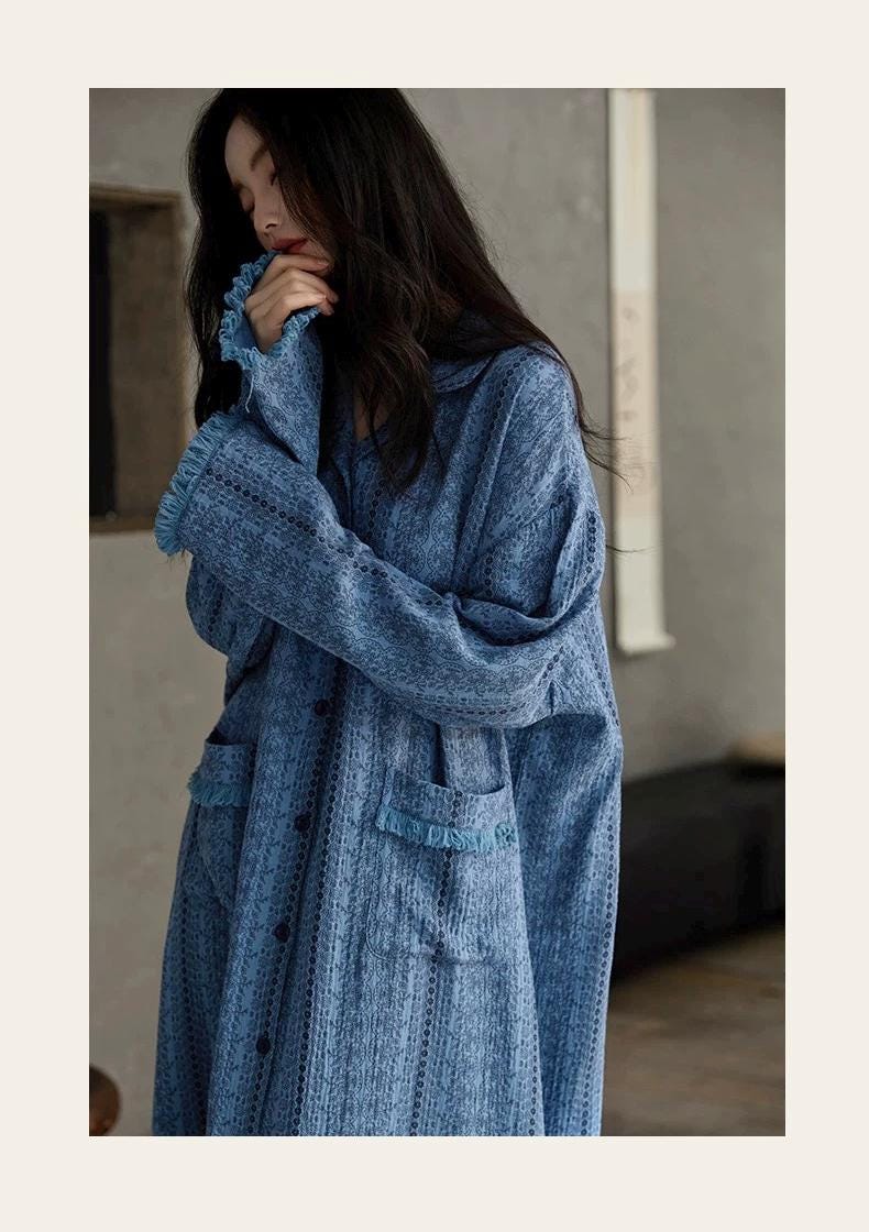 Gauze Cotton Lounge Dress – Crinkle Cotton Nightgown, Loose Fit Long Sleeve House Dress, Breathable Zen Homewear