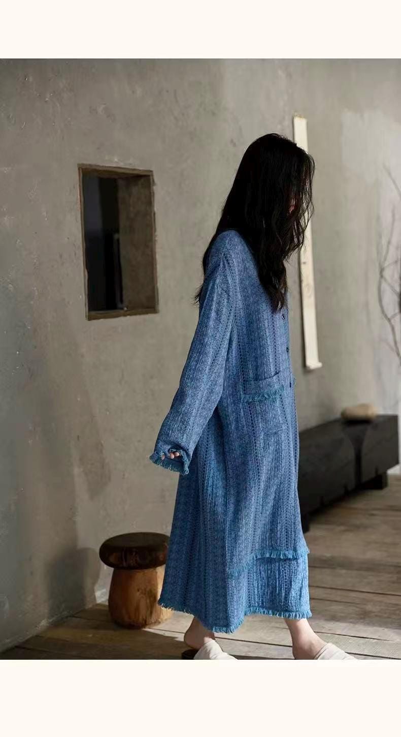 Gauze Cotton Lounge Dress – Crinkle Cotton Nightgown, Loose Fit Long Sleeve House Dress, Breathable Zen Homewear