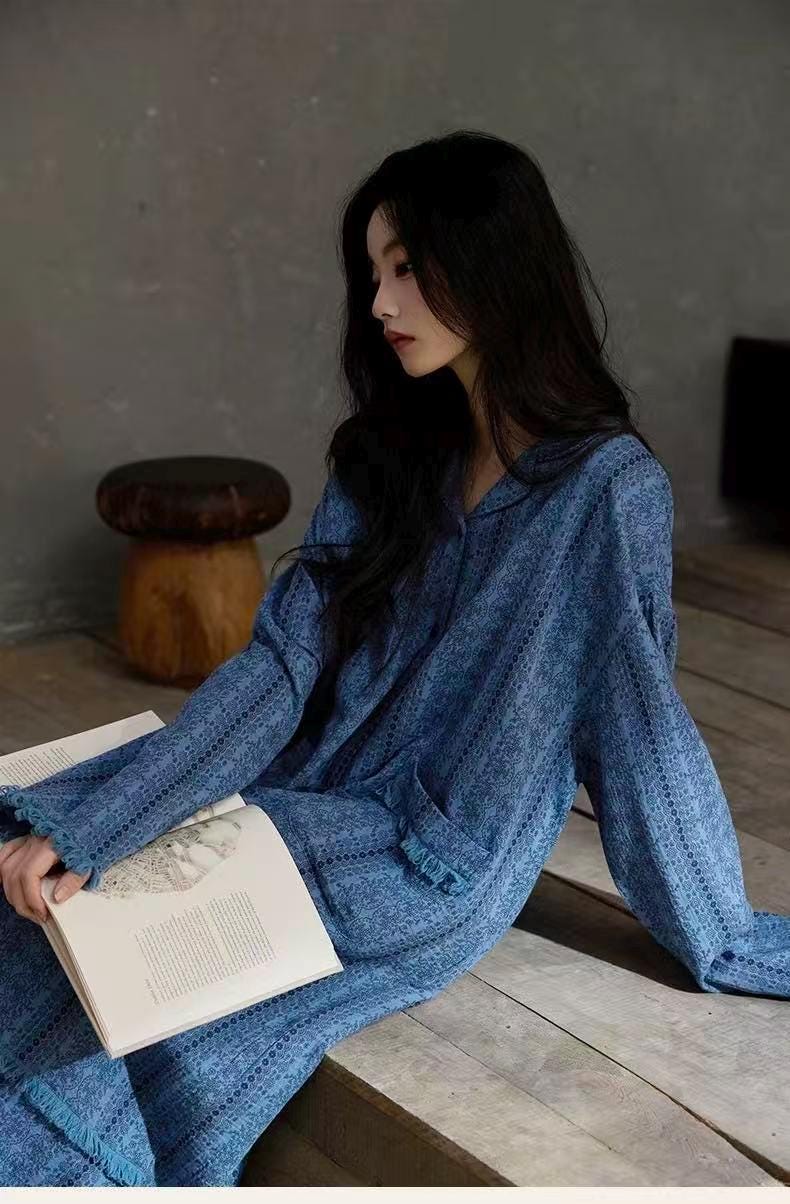 Gauze Cotton Lounge Dress – Crinkle Cotton Nightgown, Loose Fit Long Sleeve House Dress, Breathable Zen Homewear