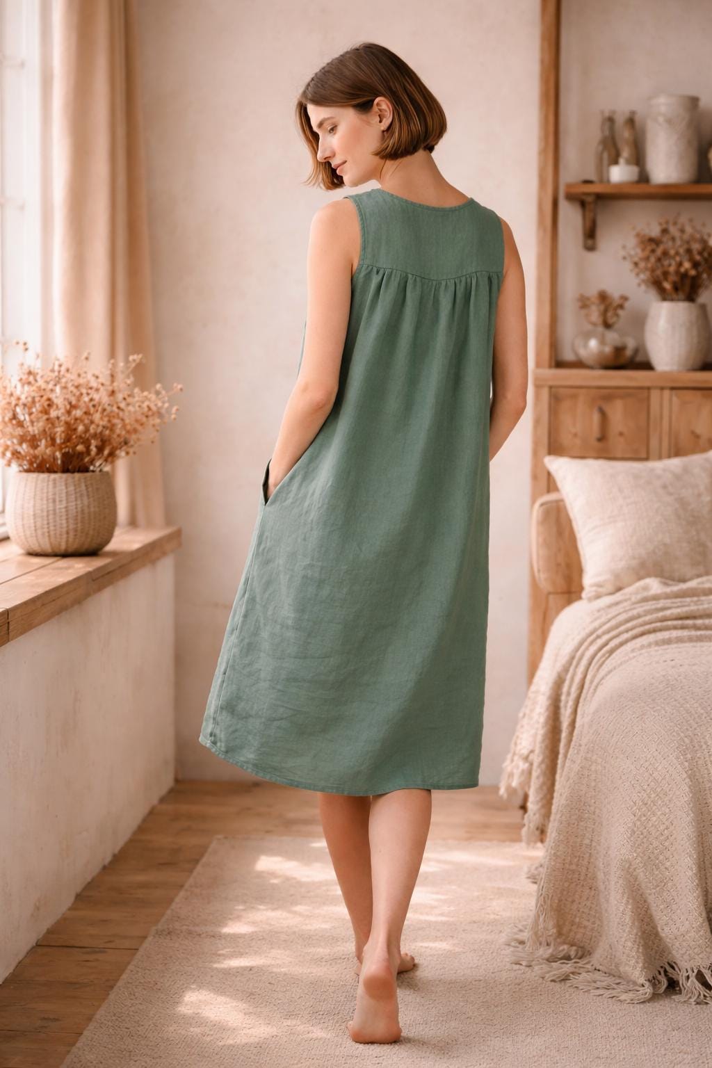 100% Linen Lounge Dress, Sleeveless Loose Linen Nightdress, Breathable Summer Pajamas Dress, Minimal Linen Clothing